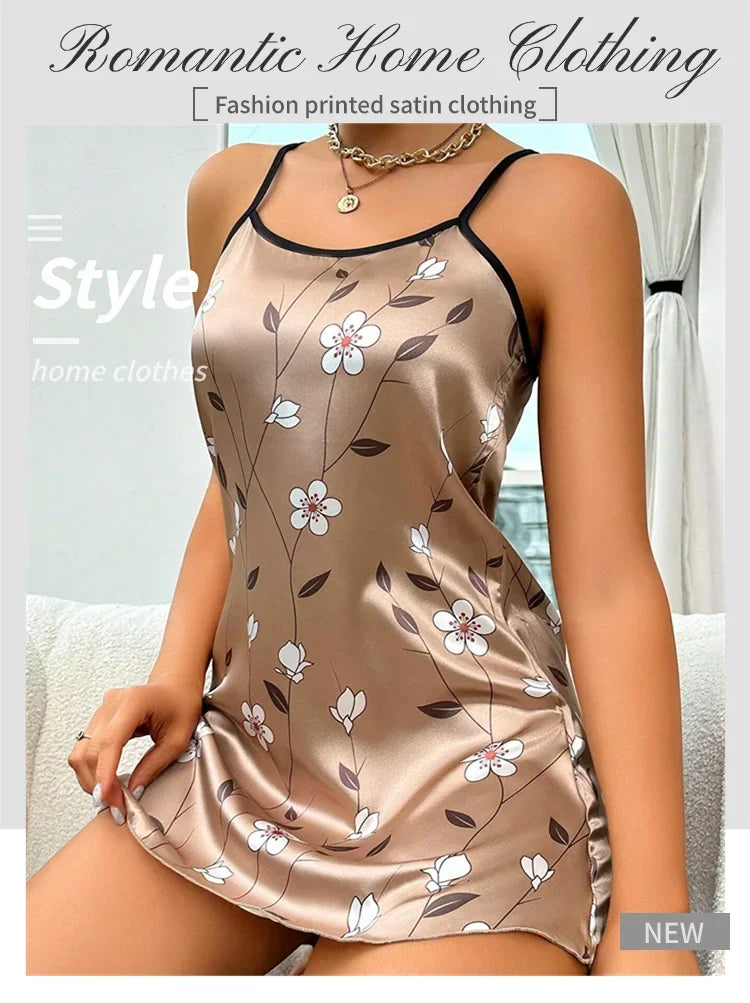 Pijamas femininos verão floral impressão cetim camisola casual sem mangas sem costas deslizamento noite vestido sexy camisola roupas de casa