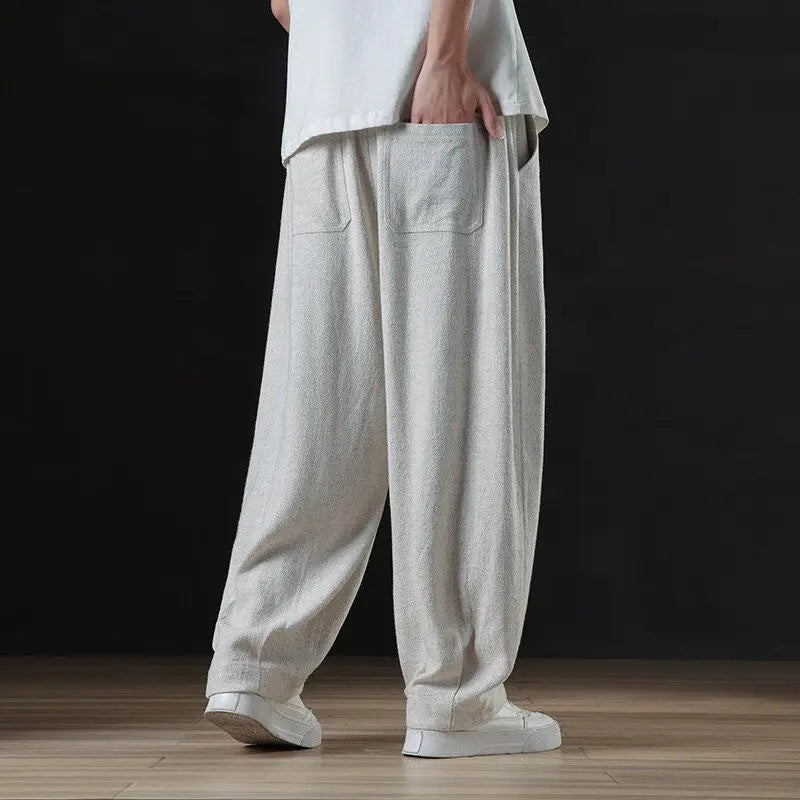 Calça masculina casual de linho verão leve solta de perna reta