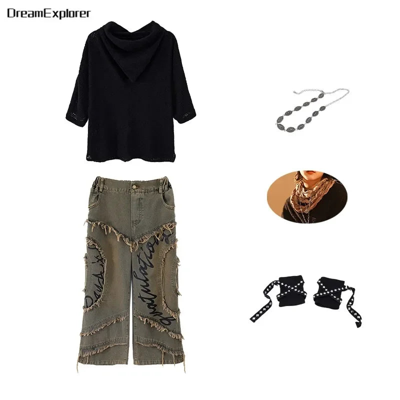 Conjunto de regata e jeans infantil Wasteland Street Dance de malha, moletons de hip hop, roupas de jazz, roupas punk, meninos e meninas