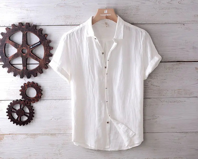 Camisa de Linho de Manga Curta para Homens, Camisa Casual Solta e Fresca de Verão em Cores Sólidas, Estilo Retro Japonês