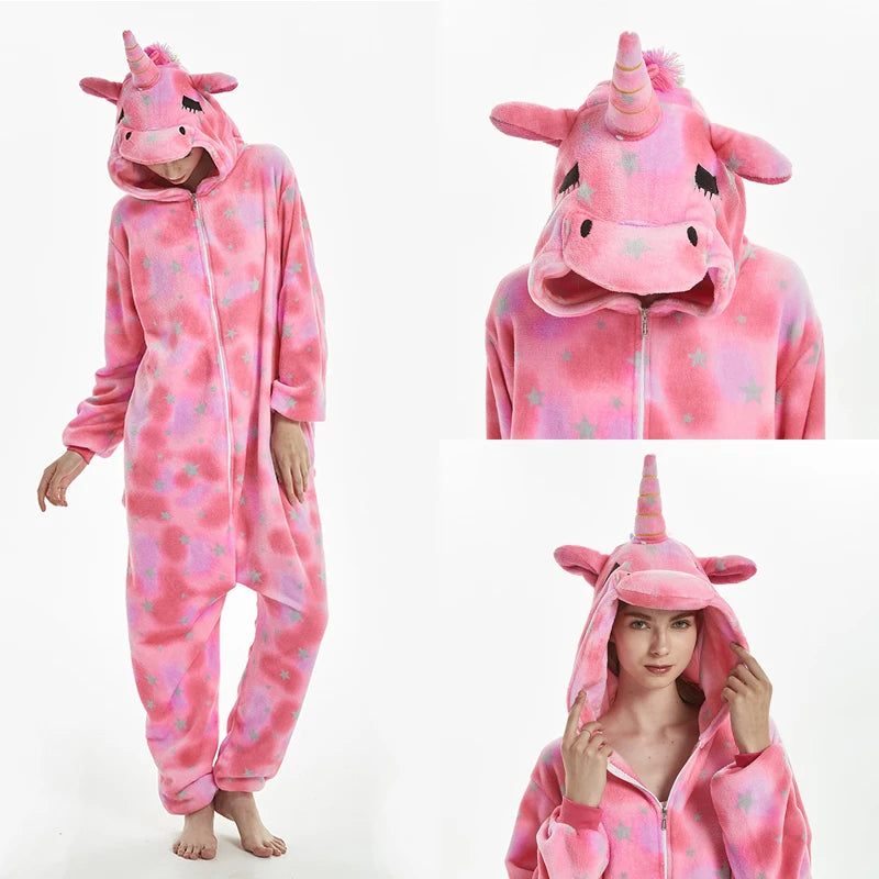 Mulheres animal kigurumi pijamas inverno grosso flanela pijamas adulto com capuz pijama homewear halloween cosplay trajes de festa