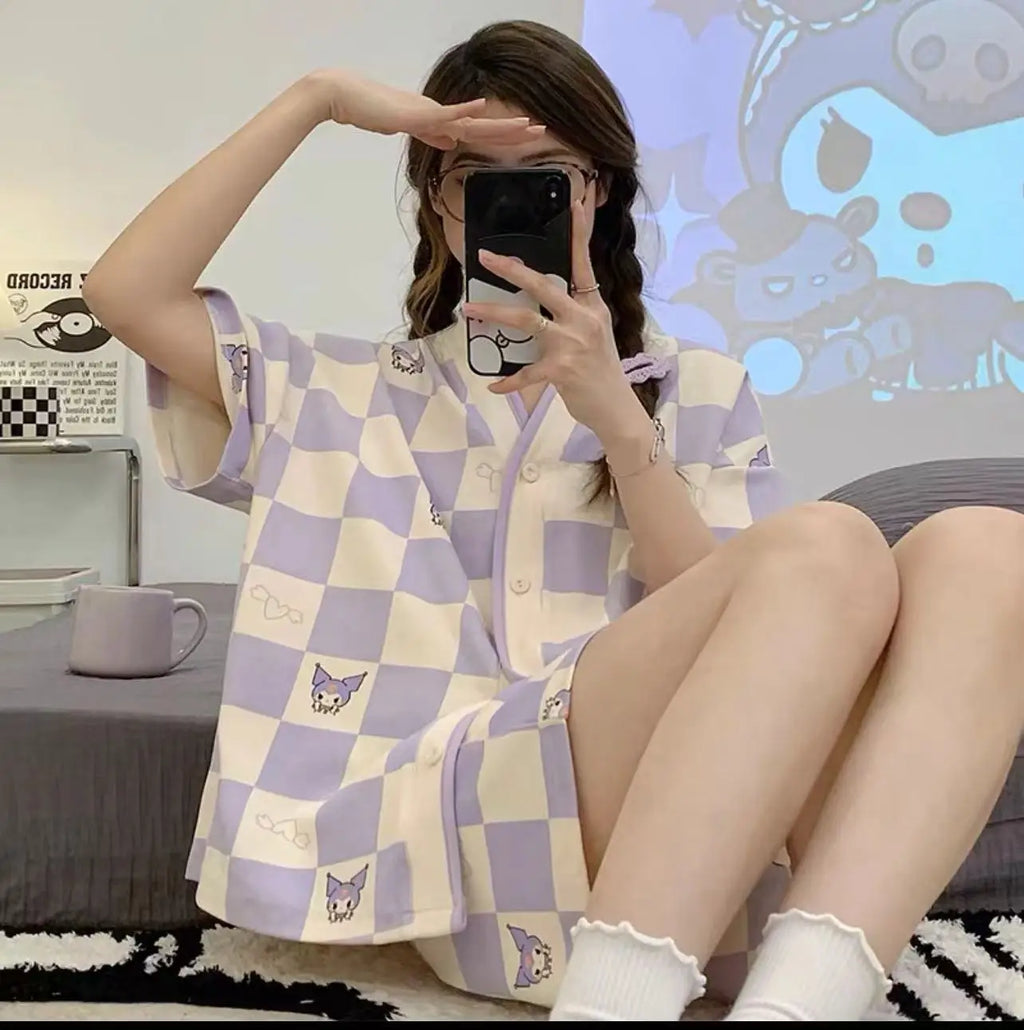 Olá kitty meninas bonito pijamas conjuntos de camisola solta dos desenhos animados macio manga curta topos shorts doce roupas femininas pijamas verão