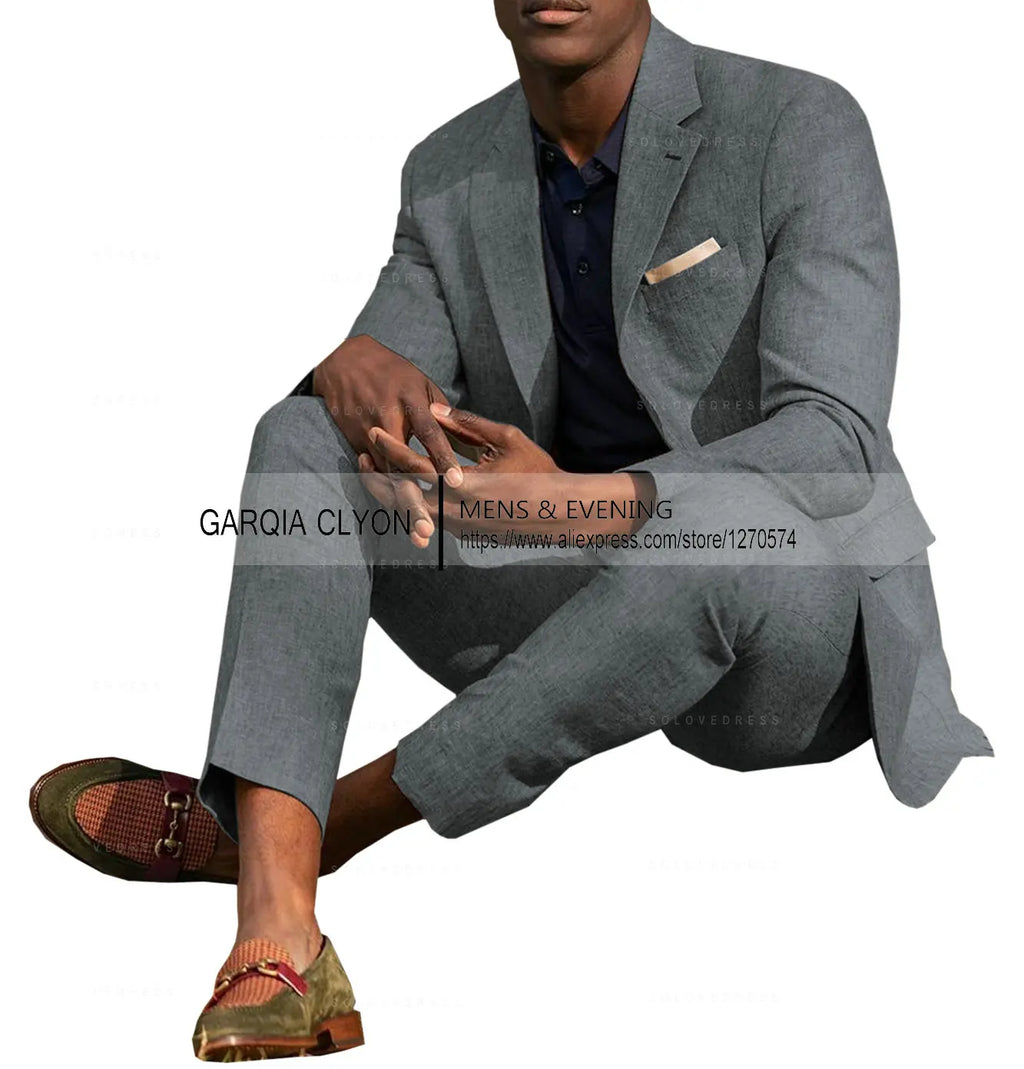 Ternos masculinos de linho, 2 peças, verão, casual, lapela de entalhe, ternos de casamento masculinos (blazer + calça)