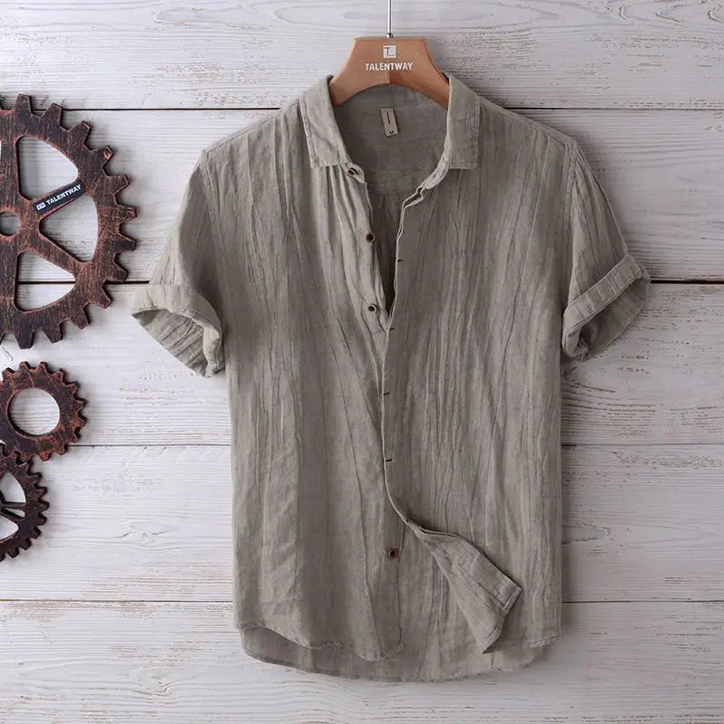 Camisa de Linho de Manga Curta para Homens, Camisa Casual Solta e Fresca de Verão em Cores Sólidas, Estilo Retro Japonês