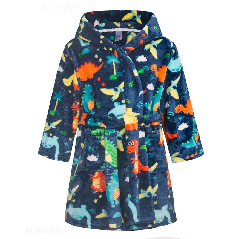 Roupão de banho infantil de dinossauro com capuz, pijama de unicórnio de desenho animado para meninos, roupões de banho de lã para meninas, roupa de dormir para bebês