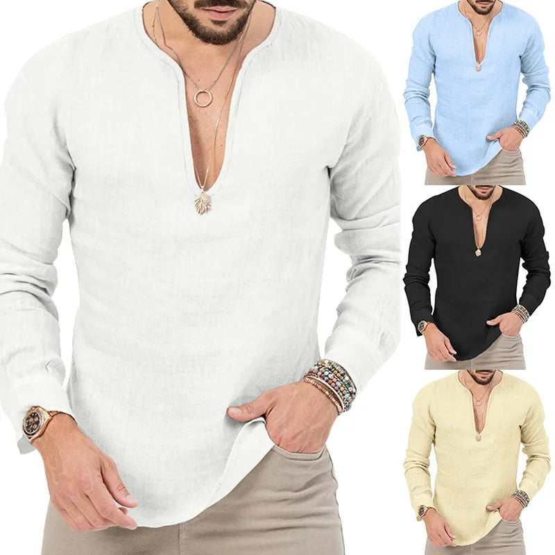 Camiseta Masculina de Linho de Manga Longa 2026 Henry, Slim Fit, Cor Sólida, Tamanho Grande Europeu e Americano, Gola V Profunda