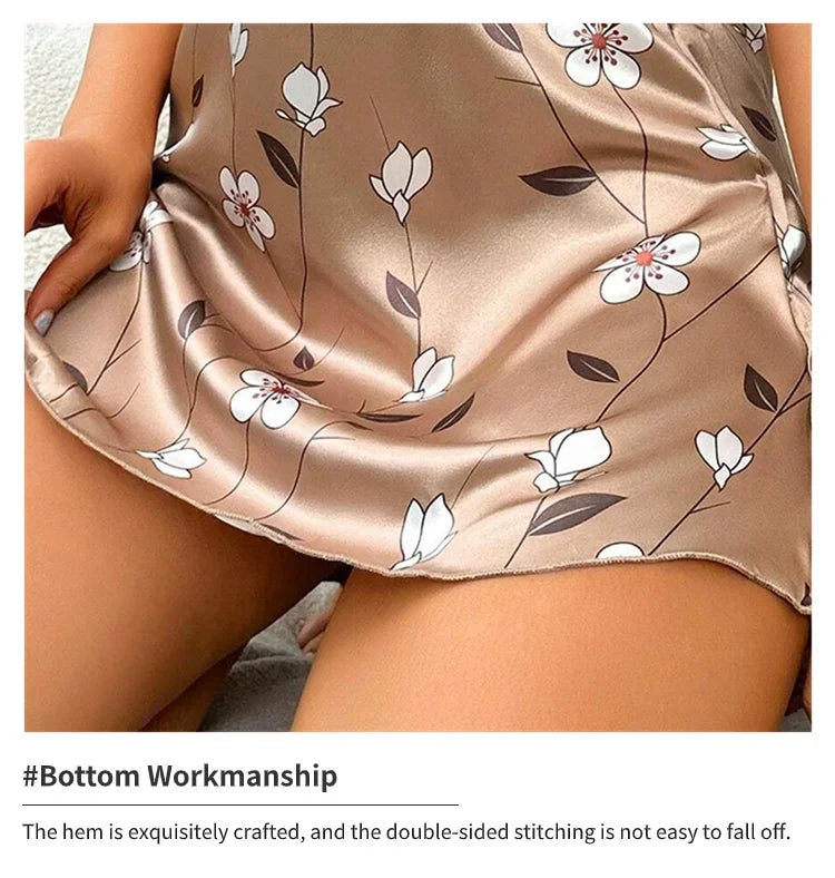 Pijamas femininos verão floral impressão cetim camisola casual sem mangas sem costas deslizamento noite vestido sexy camisola roupas de casa