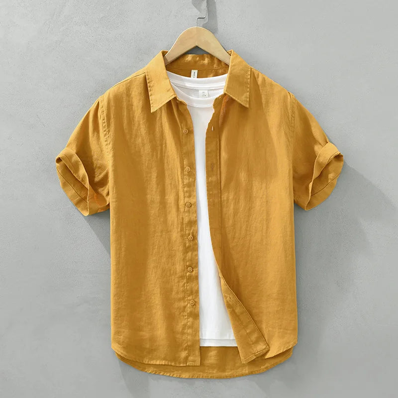 Camisa de linho de manga curta masculina, camisa respirável solta, camisa casual artística, monocromática, verão