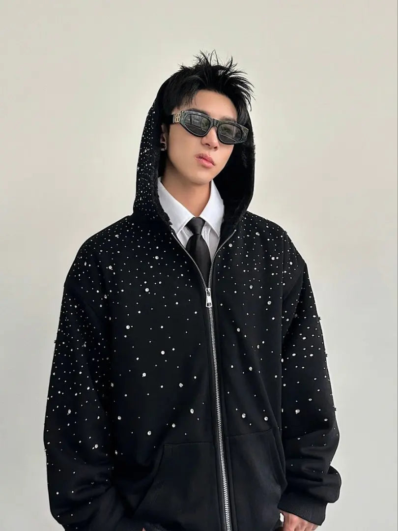 Thiened Fce Cardigan com capuz e zíper moletom masculino Faion Urban Sle outono inverno peso pesado diamante embelezado Ja...