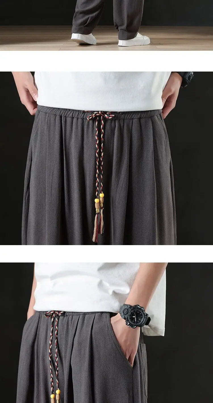 Calça masculina casual de linho verão leve solta de perna reta