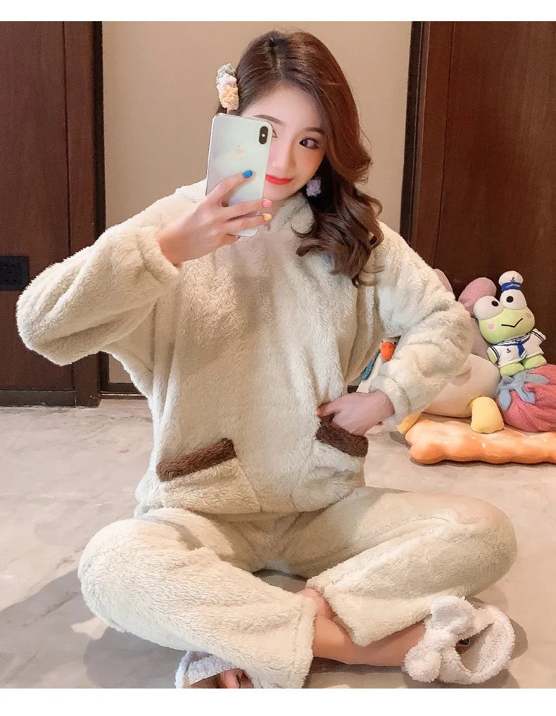 Outono inverno engrossado quente feminino loungewear terno dos desenhos animados de pelúcia com capuz urso pijamas senhoras flanela homewear conjunto