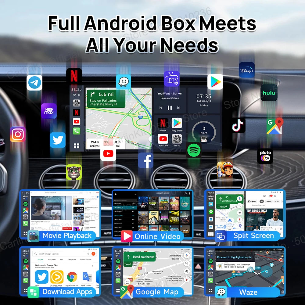 CarlinKit Android 13 LED AI Box Wireless CarPlay Wireless Android Auto Smart Car Multimedia Box Qualcomm 8-Core Chip Cartão SD Expandir para 512 GB Suporte Vídeo Online