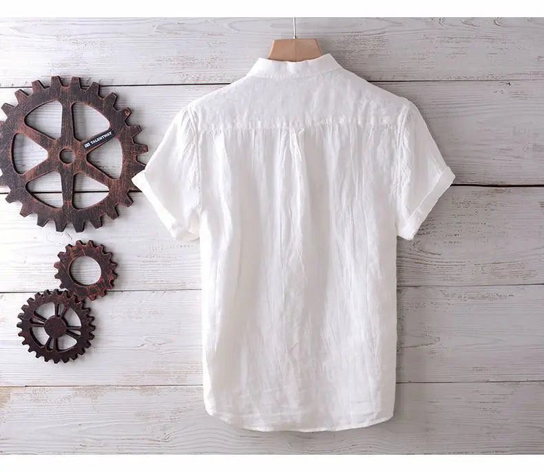 Camisa de Linho de Manga Curta para Homens, Camisa Casual Solta e Fresca de Verão em Cores Sólidas, Estilo Retro Japonês