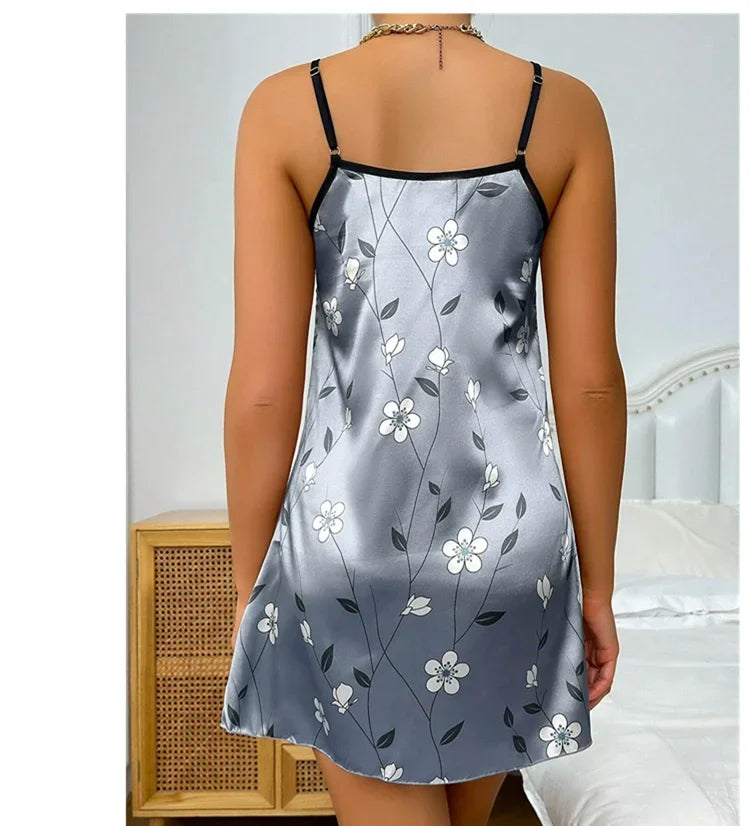 Pijamas femininos verão floral impressão cetim camisola casual sem mangas sem costas deslizamento noite vestido sexy camisola roupas de casa