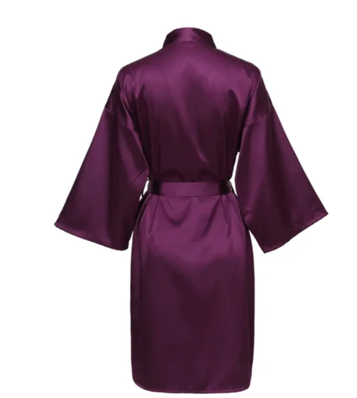 Robe noturno de cetim sólido, roupão elegante de meia manga com decote em V e cinto, roupa de dormir feminina