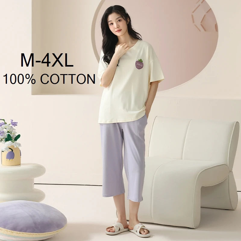 SUKAE-Conjunto de Pijamas dos desenhos animados das mulheres, 100% algodão, calça curta na altura do joelho, pijamas, capris loungewear, pijamas de verão, M-4XL
