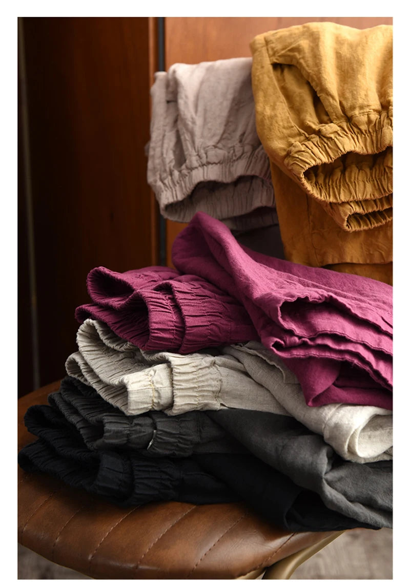 Calças compridas femininas de linho puro natural, estilo solto e retrô, calças largas, roupas de tamanho grande, casuais ao ar livre, confortáveis e legais