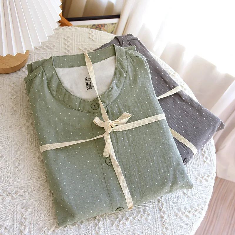 Algodão feminino polka dot pijama define fio-tingido gaze manga longa calças loungewear casual simples pijamas em torno do pescoço nightwears
