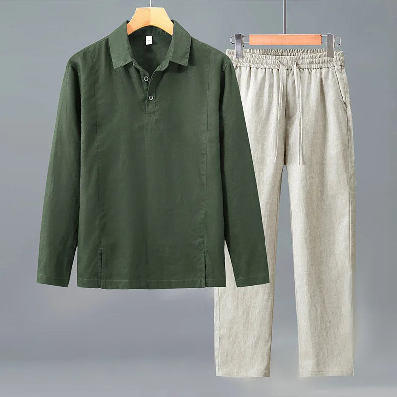 Camisa de Linho Pura de Manga Longa para Homens, Camiseta Leve e Respirável, Conjunto de Calças Casuais de Linho para Primavera e Outono