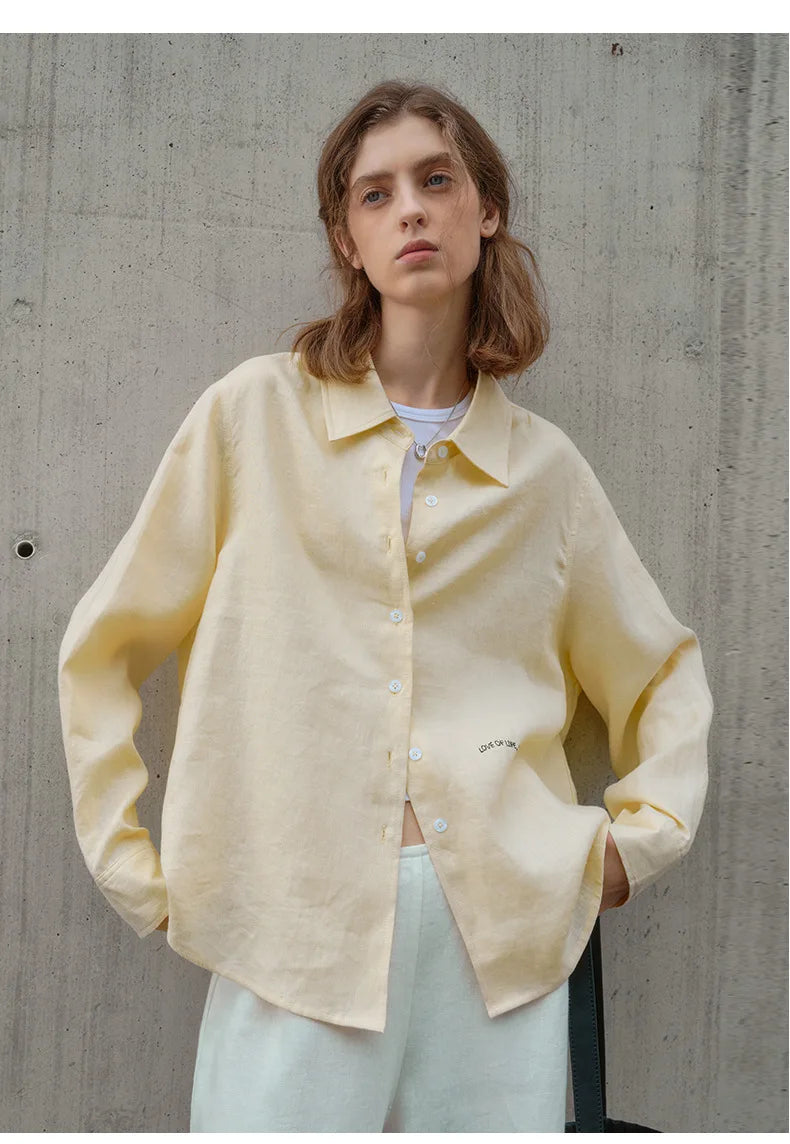 Camisa Feminina 100% Linho 2026 Nova Coleção Primavera Verão Casual com Gola Lapela Cardigã Protetor Solar Bordado Manga Longa Branca