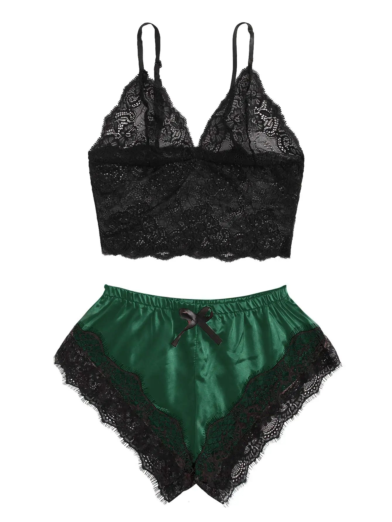 Conjunto de pijama de renda sexy feminino, 2 peças, bralette transparente, top e shorts, roupa de dormir respirável, plus size, lingerie de verão