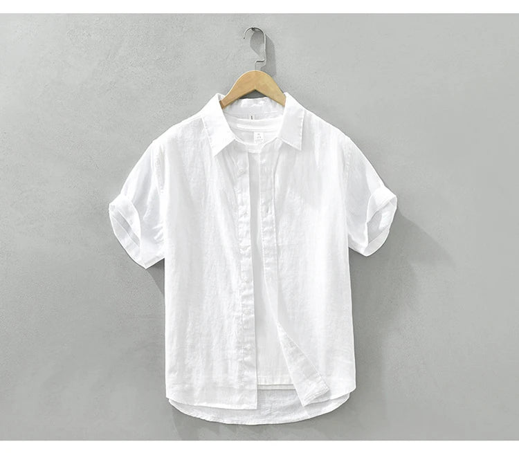 Camisa de linho de manga curta masculina, camisa respirável solta, camisa casual artística, monocromática, verão