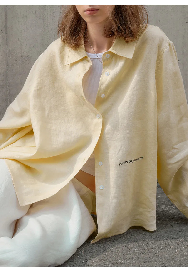 Camisa Feminina 100% Linho 2026 Nova Coleção Primavera Verão Casual com Gola Lapela Cardigã Protetor Solar Bordado Manga Longa Branca