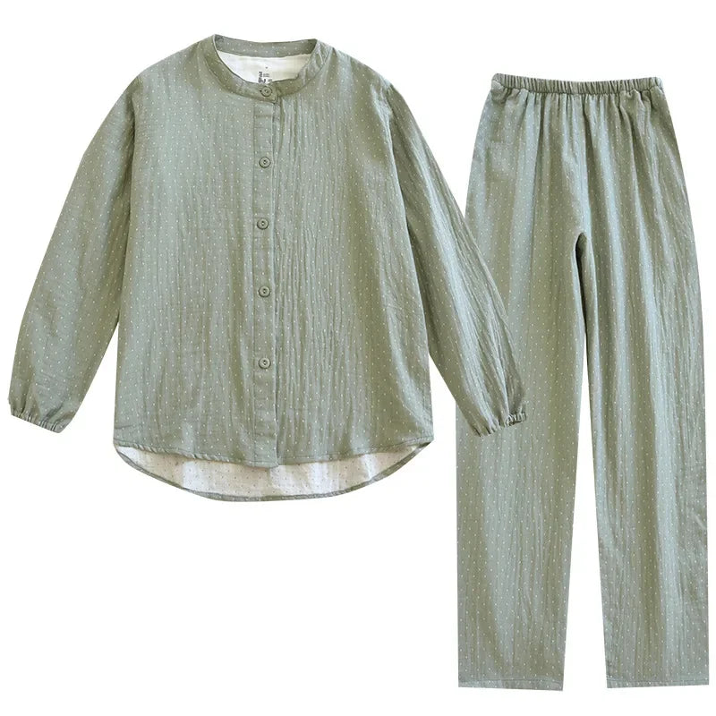 Algodão feminino polka dot pijama define fio-tingido gaze manga longa calças loungewear casual simples pijamas em torno do pescoço nightwears