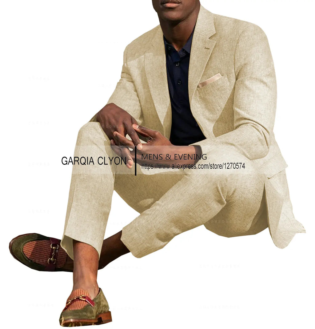 Ternos masculinos de linho, 2 peças, verão, casual, lapela de entalhe, ternos de casamento masculinos (blazer + calça)