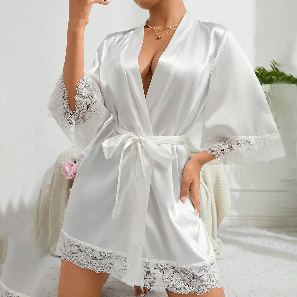 Novo Robe Elegante de Cetim para Mulheres 2025 com Renda, Kimono Curto, Camisola, Decote V, Cinto, Roupa de Noiva, Presente para Madrinhas