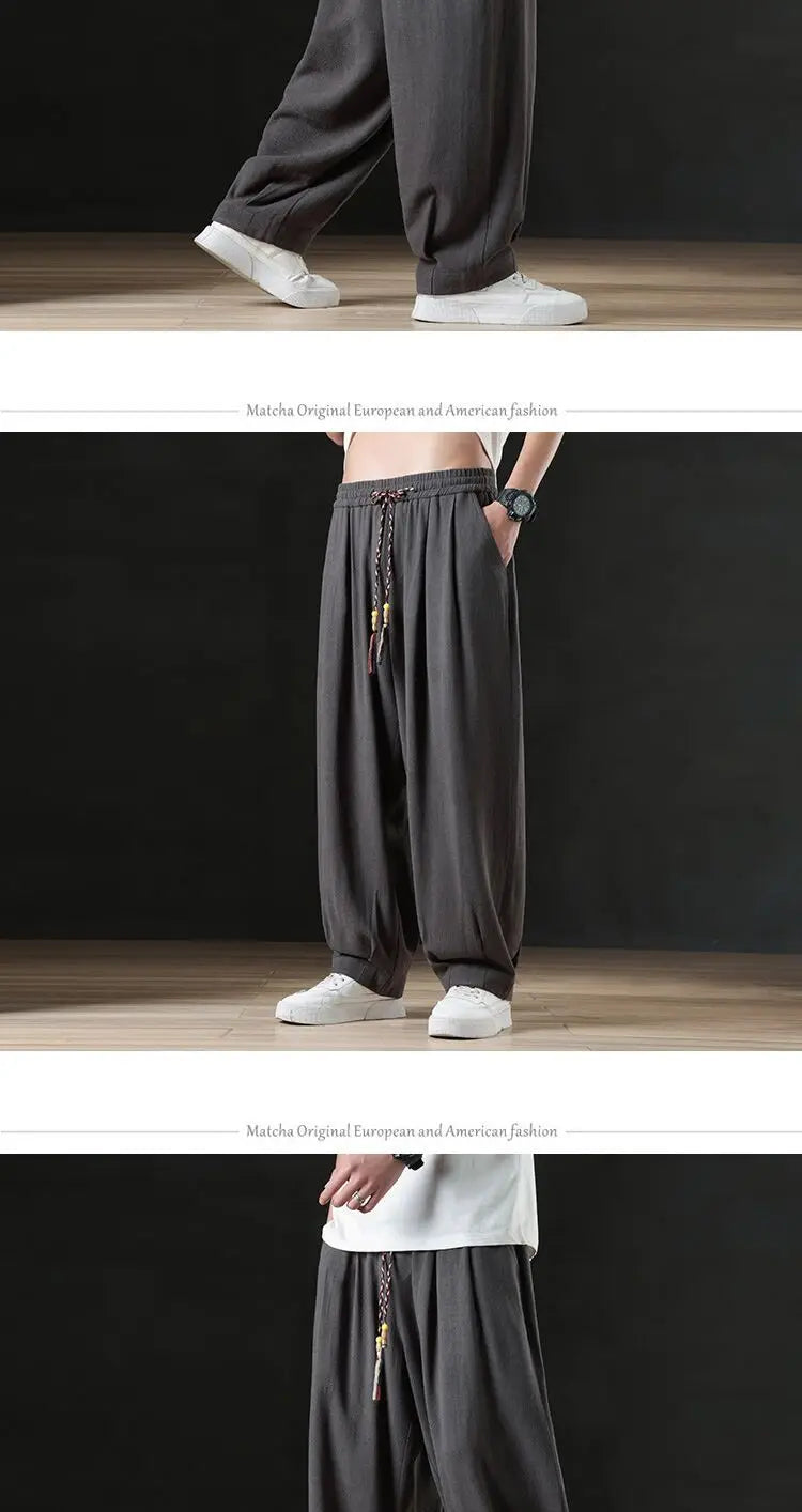 Calça masculina casual de linho verão leve solta de perna reta