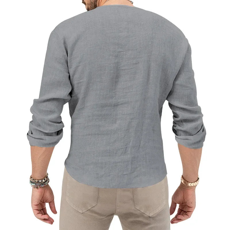 Camiseta Masculina de Linho de Manga Longa 2026 Henry, Slim Fit, Cor Sólida, Tamanho Grande Europeu e Americano, Gola V Profunda