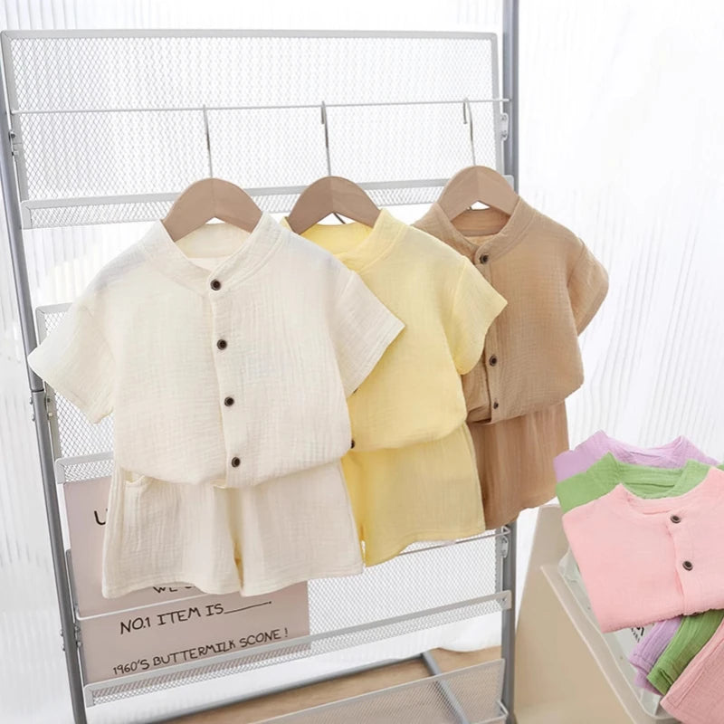 Conjunto de pijamas de gaze de algodão para bebês, 2 peças, manga curta, gola redonda, roupa de dormir macia e respirável, meninos, meninas, 0-5 anos, roupas de praia