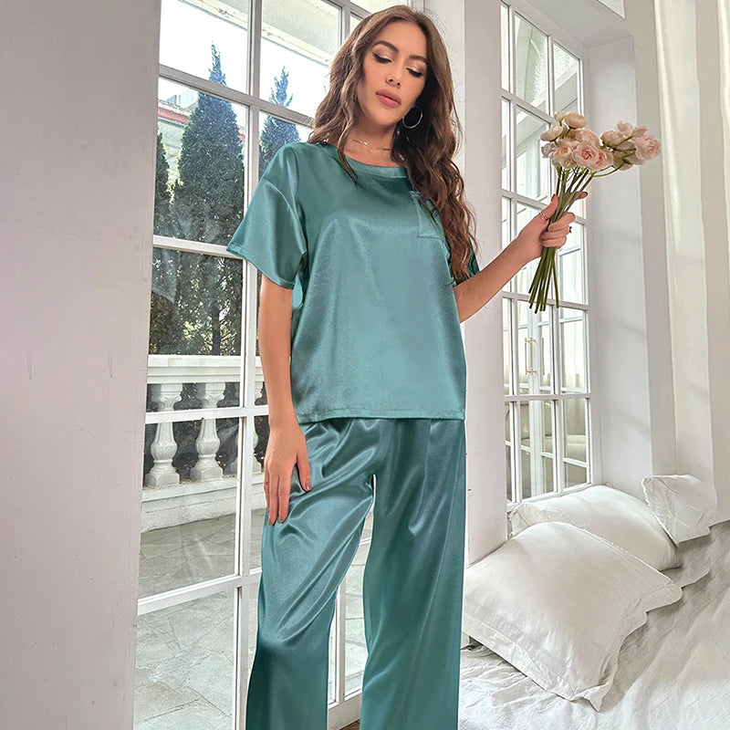 Pijamas de seda para mulheres casa terno de manga curta calças compridas pijama duas peças conjunto cetim pijamas pijamas mujer loungewear