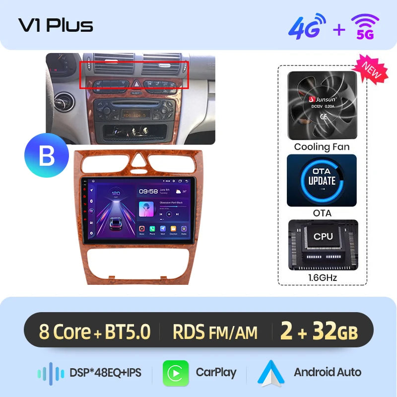 Junsun carplay android auto rádio do carro para mercedes benz classe c w203 c200 c320 c350 clk w209 2000-2005 multimídia inteligente 4g