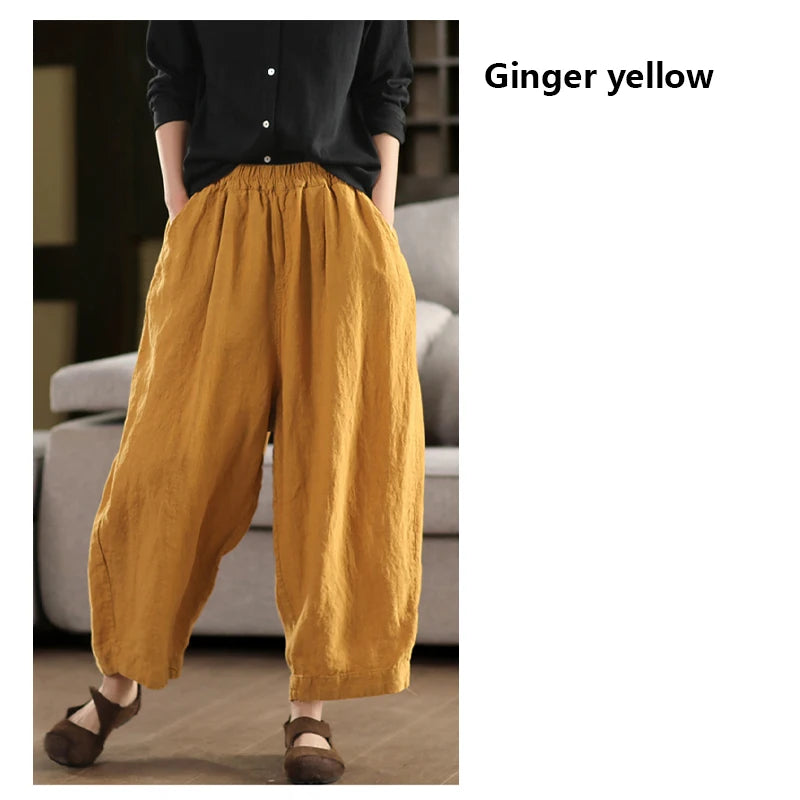 Calças compridas femininas de linho puro natural, estilo solto e retrô, calças largas, roupas de tamanho grande, casuais ao ar livre, confortáveis e legais