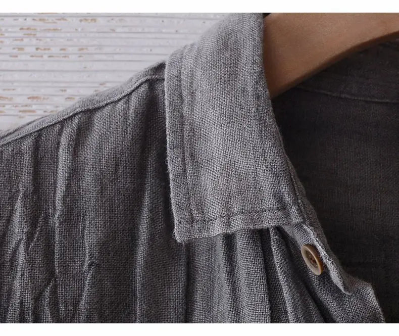 Camisa de Linho de Manga Curta para Homens, Camisa Casual Solta e Fresca de Verão em Cores Sólidas, Estilo Retro Japonês