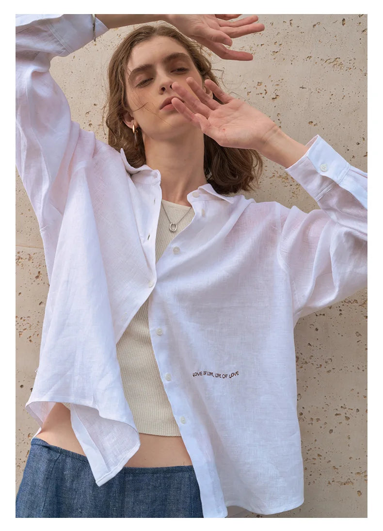Camisa Feminina 100% Linho 2026 Nova Coleção Primavera Verão Casual com Gola Lapela Cardigã Protetor Solar Bordado Manga Longa Branca