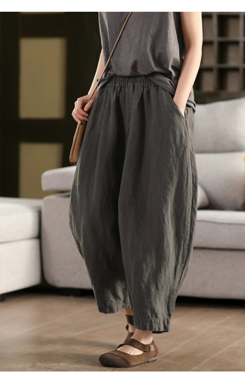 Calças compridas femininas de linho puro natural, estilo solto e retrô, calças largas, roupas de tamanho grande, casuais ao ar livre, confortáveis e legais
