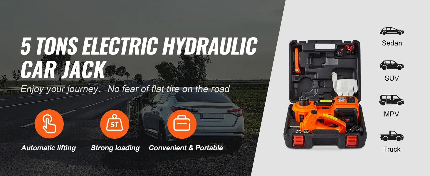 SucceBuy 5T Gato Hidráulico para Carro Elétrico com Chave de Impacto Elétrica Bomba Inflável Embutida, Luz LED para Caminhão Sedan SUV