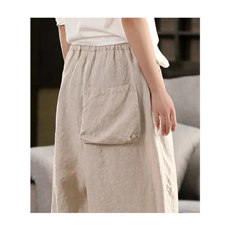 Calças compridas femininas de linho puro natural, estilo solto e retrô, calças largas, roupas de tamanho grande, casuais ao ar livre, confortáveis e legais