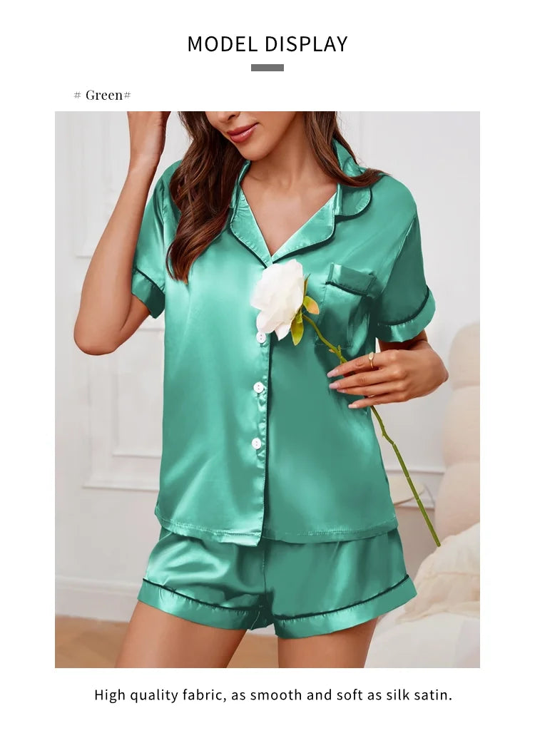 Conjunto pijama cetim feminino, pijama de manga curta, blusa e shorts de lapela, pijama de botão, roupas domésticas