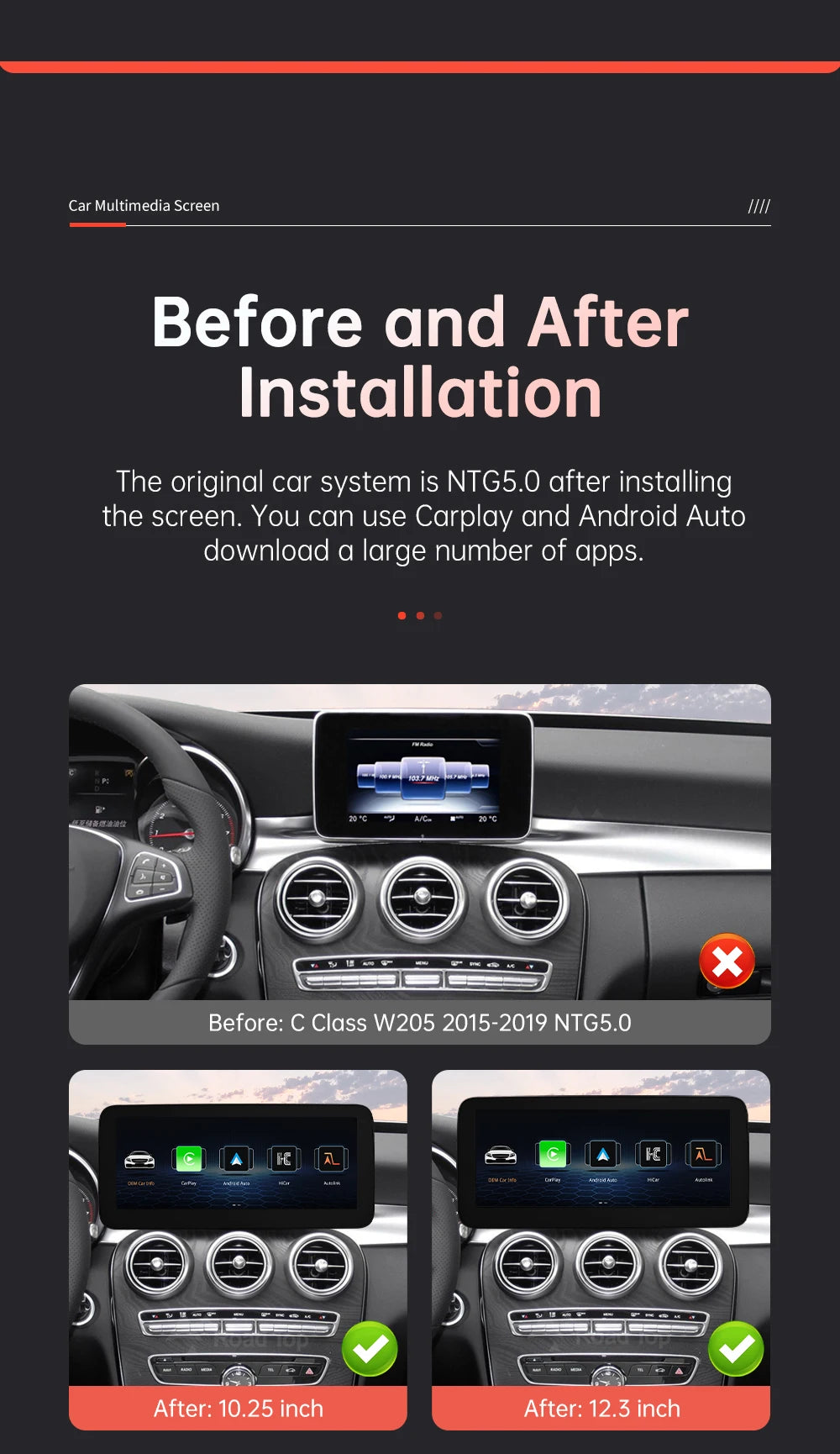 Tela multimídia linux sem fio carplay android auto para mercedes-benz w205 w176 glc a c v classe w447 cla gla 2015-2018 ntg5.0