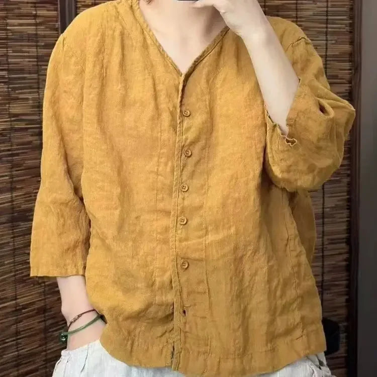 Camisa de Linho com Decote em V e Manga 3/4, Blusa Casual Solta com Botões, Top de Linho Respirável para Mulheres