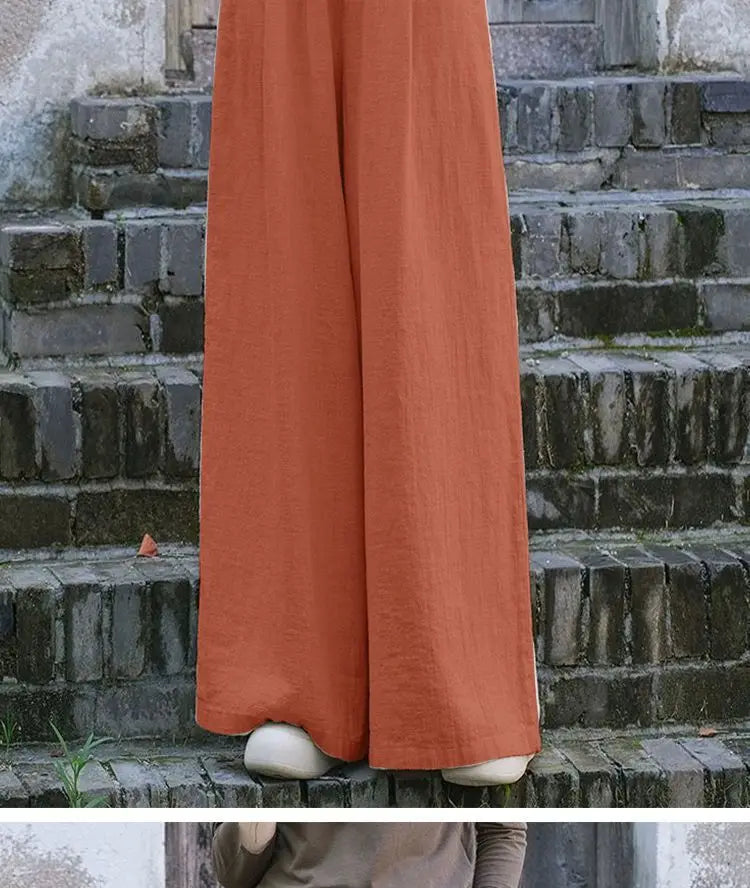 Calças de linho largas femininas casuais boêmias soltas e fluidas calças palazzo verão primavera