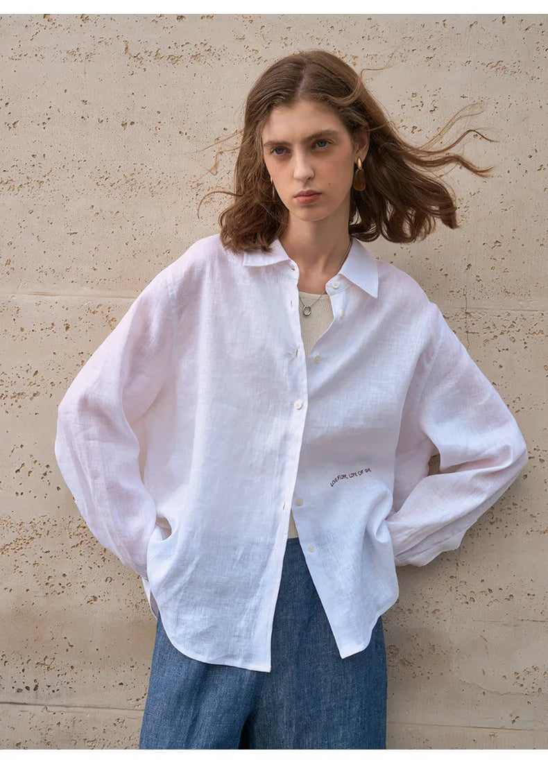 Camisa Feminina 100% Linho 2026 Nova Coleção Primavera Verão Casual com Gola Lapela Cardigã Protetor Solar Bordado Manga Longa Branca