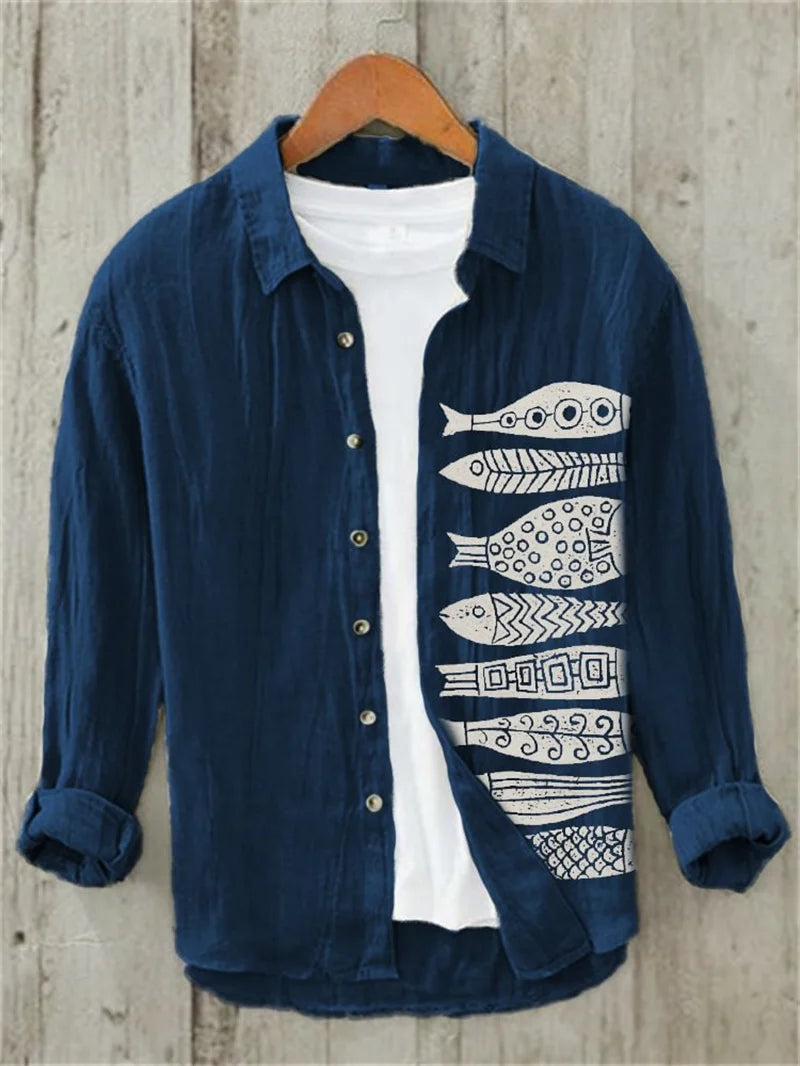 Camisa masculina de linho com estampa de arte 3D casual estilo vintage manga comprida gola de lapela top fashion engraçado estampado bege top