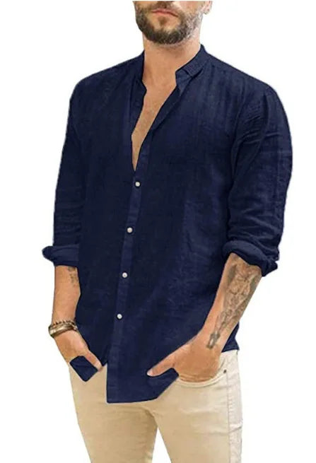Camisa de linho respirável masculina, confortável, cor sólida, manga comprida, solta, Harajuku, blusa casual, camisa havaiana, breve, 2022