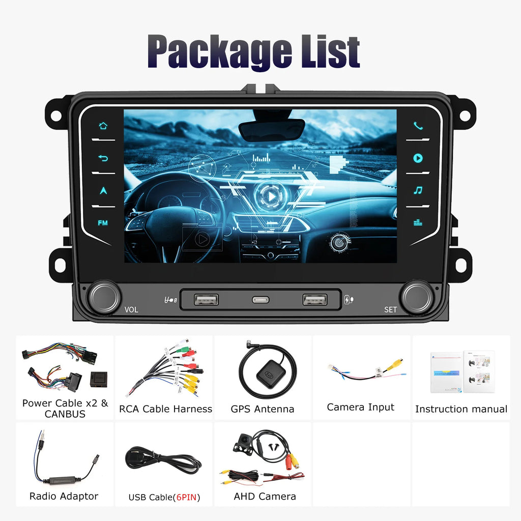 Rádio Automotivo 2 Din Android 15, Reprodutor Multimídia com GPS, WiFi e Carplay para Volkswagen, Skoda, Octavia, Golf 5, 6, Touran, Passat, Polo, Jetta