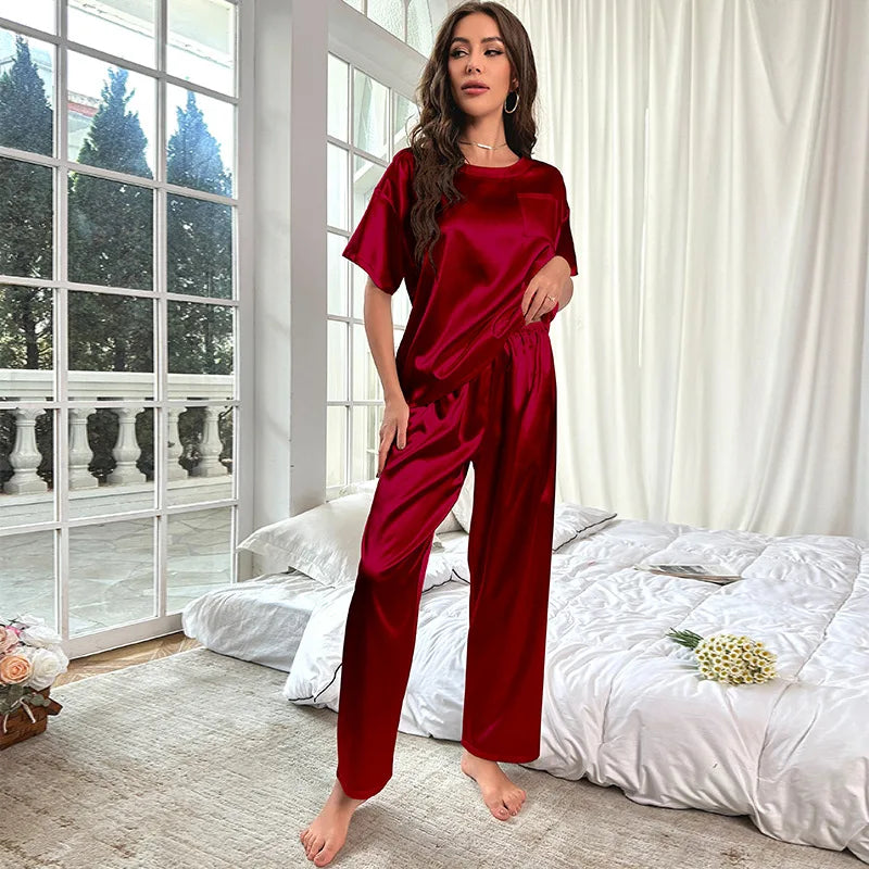 Pijamas de seda para mulheres casa terno de manga curta calças compridas pijama duas peças conjunto cetim pijamas pijamas mujer loungewear